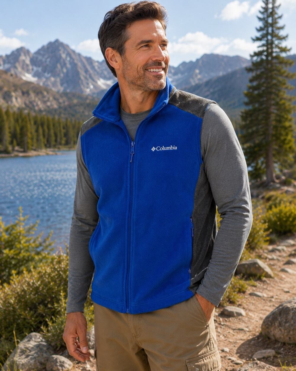 Columbia Womens XL Blue Gray Fleece Vest Full Zip Outdoor Hiking Pockets